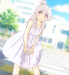  1girl ahoge blue_sky bright_pupils building clouds colored_inner_hair crosswalk day dress grey_hair hair_between_eyes highres legs_apart long_hair mizumori_keiichi multicolored_eyes multicolored_hair onii-chan_wa_oshimai! orange_eyes outdoors oyama_mahiro pink_hair pink_pupils red_eyes road sky smile solo split_mouth standing tree two-tone_hair white_dress yellow_eyes 