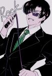  1boy :d black_hair green_necktie holding holding_whip long_sleeves male_focus necktie rock_(character) short_hair simple_background smile solo striped_necktie suit sunglasses vampire_(tezuka) violet_eyes 