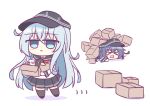  &gt;o&lt; 2girls akatsuki_(kancolle) anchor_symbol blue_eyes box buried chibi flat_cap grey_hair hair_between_eyes hat hibiki_(kancolle) highres holding holding_box kantai_collection kashimu long_hair long_sleeves multiple_girls neckerchief open_box open_mouth pleated_skirt purple_hair red_neckerchief sailor_collar school_uniform serafuku simple_background skirt stuffed_animal stuffed_penguin stuffed_toy tears thigh-highs white_background 