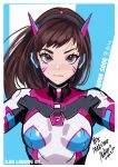  1girl absurdres artist_name blue_bodysuit bodysuit breasts brown_eyes brown_hair character_name closed_mouth commentary d.va_(overwatch) dated english_commentary english_text eyelashes facepaint facial_mark floating_hair highres interface_headset korean_text light_smile lips long_hair loose_hair_strand melissa_2.0 mixed-language_commentary mixed-language_text multicolored_bodysuit multicolored_clothes overwatch pilot_suit pink_bodysuit reaching reaching_towards_viewer selfie serious signature skin_tight small_breasts solo swept_bangs translated upper_body upturned_eyes whisker_markings white_bodysuit wind 
