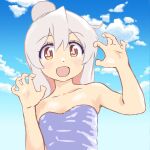 1girl :d ahoge bare_arms bare_shoulders blue_sky bright_pupils clouds colored_inner_hair day grey_hair hair_between_eyes hands_up highres long_hair looking_at_viewer mizumori_keiichi multicolored_eyes multicolored_hair onii-chan_wa_oshimai! open_mouth orange_eyes outdoors oyama_mahiro pink_hair pink_pupils red_eyes sky smile solo strapless two-tone_hair upper_body yellow_eyes 