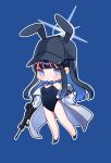  1girl absurdres animal_ears artist_request assault_rifle bare_legs baseball_cap black_hair black_leotard blue_archive blue_background blue_eyes blue_hair bow bowtie coat commentary_request detached_collar fake_animal_ears full_body gun halo hat highleg highleg_leotard highres leotard long_hair looking_at_viewer off_shoulder playboy_bunny rabbit_ears rifle saori_(blue_archive) solo strapless weapon white_coat 