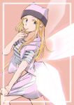  1girl blonde_hair blue_eyes digimon hat highres jacket long_hair looking_at_viewer midriff orimoto_izumi pink_headwear pink_skirt shirt skirt skirt_hold skirt_tug solo striped striped_shirt uyutaku wings 