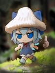  1girl absurdres blue_dress blue_eyes blue_hair blurry blurry_background bright_pupils chinese_commentary cirno closed_mouth comedy day devil_lo dress full_body fumo_(doll) grass highres ice ice_wings meme mushroom_hat neck_ribbon outdoors pinafore_dress puffy_short_sleeves puffy_sleeves red_ribbon ribbon short_hair short_sleeves sleeveless sleeveless_dress smile snail solo touhou v-shaped_eyebrows walking watermark weibo_logo weibo_username white_pupils wings 