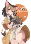  1girl animal_ears black_neckerchief blush bow bowtie brown_eyes brown_gloves brown_hair brown_shirt brown_skirt chevrotain_(kemono_friends) gloves hair_between_eyes highres japari_symbol kemono_friends light_brown_hair multicolored_hair neckerchief noor7 shirt short_hair short_sleeves sidelocks skirt solo steepled_fingers two-tone_hair white_bow white_bowtie white_shirt 