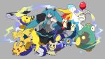  1girl ampharos balloon black_footwear black_sleeves blue_eyes blue_hair blue_necktie boots character_request chinchou commentary_request detached_sleeves electricity feet_up floating full_body grey_background grey_shirt hair_ornament hand_up hatsune_miku highres long_hair looking_at_viewer midriff_peek mimikyu minun miraidon navel necktie nukunuku_nigirimeshi pelipper pikachu pleated_skirt plusle pokemon pokemon_(creature) project_voltage shirt shoulder_tattoo simple_background skirt sleeveless sleeveless_shirt sleeves_past_fingers sleeves_past_wrists smile solo tattoo thigh_boots tie_clip togedemaru twintails very_long_hair vocaloid 
