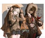  2girls absurdres animal_ears aqua_necktie arknights bare_legs bear_ears bear_girl belt black_sailor_collar black_skirt border brown_background brown_belt brown_cardigan brown_coat brown_hair brown_jacket cardigan chinese_commentary closed_mouth coat collared_shirt commentary_request cowboy_shot fur-trimmed_hood fur_trim grey_eyes grey_hair grey_skirt hands_up highres hood hood_up istina_(arknights) jacket jacket_on_shoulders monocle multicolored_hair multiple_girls neckerchief necktie open_mouth pantyhose pleated_skirt poster_(object) qiumoyixing red_neckerchief red_pantyhose redhead sailor_collar shirt short_hair simple_background sketch skirt streaked_hair weibo_username white_shirt zima_(arknights) 