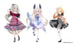  3girls ;q ahoge animal_ear_fluff animal_ears black_footwear black_skirt blue_dress bow cat_ears cat_girl detached_sleeves dress enna_alouette ethyria footwear_bow gradient_dress gradient_hair grey_footwear grey_hair hair_ornament hairclip head_wings high-waist_skirt high_ponytail highres long_hair lucie_(millie_parfait) mary_janes millie_parfait multicolored_hair multiple_girls nijisanji nijisanji_en off-shoulder_dress off_shoulder official_art one_eye_closed open_mouth orange_shirt pantyhose pink_eyes purple_wings red_dress reimu_endou sample_watermark shirt shoes short_hair sinomi skirt smile standing standing_on_one_leg thigh-highs tongue tongue_out twintails very_long_hair violet_eyes white_pantyhose white_thighhighs wings 