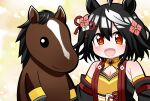  1girl 1other :d absurdres ahoge animal_ears aramori_susumu bare_shoulders black_hair bob_cut cleavage_cutout clothing_cutout creature_and_personification detached_sleeves flower_ornament hair_ribbon highres horse horse_ears horse_girl kitasan_black_(racehorse) kitasan_black_(umamusume) looking_at_viewer multicolored_hair orange_eyes real_life red_eyes red_ribbon ribbon short_hair smile streaked_hair two-tone_hair umamusume white_hair 