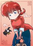  1girl bandana blue_eyes braid braided_ponytail breasts chinese_clothes fuichocobana hair_between_eyes highres holding kettle p-chan pig ranma-chan ranma_1/2 red_background tearing_up yellow_bandana 