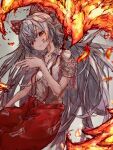  1girl bird bow commentary falling_feathers fiery_wings fire fujiwara_no_mokou hair_bow highres long_hair looking_at_viewer myui17901139 ofuda ofuda_on_clothes pants phoenix red_eyes red_pants shirt solo suspenders torn_clothes torn_shirt touhou very_long_hair white_hair wings 