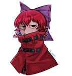  1girl bow cloak commentary english_commentary hair_bow half-closed_eyes highres looking_at_viewer purple_bow red_eyes redhead sekibanki short_hair signature simple_background solo tapirsono touhou upper_body white_background 