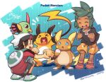  &gt;_&lt; 2boys alolan_raichu backpack bag beanie black_shirt brendan_(pokemon) clenched_hands closed_eyes commentary_request copyright_name dark-skinned_male dark_skin food green_hair hat hau_(pokemon) holding holding_food male_focus multiple_boys notice_lines open_mouth pokemon pokemon_(creature) pokemon_(game) pokemon_oras pokemon_sm raichu rakisuke shirt smile 