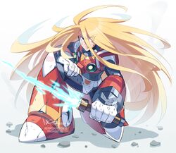  1boy alternate_hairstyle android armor black_bodysuit blonde_hair blue_eyes bodysuit breastplate crack debris energy_sword gloves hand_on_own_thigh highres holding holding_sword holding_weapon joints long_hair mcnr mechanic mechanical_arms mechanical_ears mechanical_legs mega_man_(series) mega_man_x_(series) red_armor robot robot_joints shoulder_armor signature simple_background sword very_long_hair weapon white_armor white_background white_gloves zero_(mega_man) 