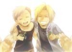  ahoge alphonse_elric arm_around_neck blonde_hair brothers child closed_eyes dirty edward_elric flower fullmetal_alchemist grin hands happy kl mother_and_son multiple_boys off_shoulder open_mouth siblings simple_background smile teeth trisha_elric young 