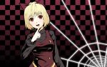  blonde_hair breasts checkered checkered_background gayprince highres kurodani_yamame open_mouth red_eyes solo spider_web touhou 