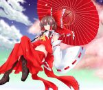  blue_eyes boots bow brown_eyes brown_hair colored_eyelashes cross-laced_footwear detached_sleeves floating hair_bow hakurei_reimu highres kinsenka knee_boots lace-up_boots large_bow long_hair midriff navel oriental_umbrella petals sky touhou umbrella wide_sleeves 