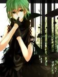 gloves green_eyes green_hair gumi hand_on_own_chest hand_to_chest hand_to_mouth just_a_game_(vocaloid) kwbr lace scarf short_hair skirt solo striped vocaloid 