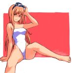  arm_support bare_shoulders barefoot brown_eyes casual_one-piece_swimsuit diving_mask feet goggles highleg highleg_swimsuit long_hair one-piece_swimsuit orange_hair sitting solo spread_legs swimsuit 