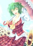  ascot breasts cleavage closed_eyes colored_eyelashes dutch_angle fisheye flower flower_field green_hair hand_behind_head happy highres kazami_yuuka kinntarou large_breasts open_mouth parasol plaid plaid_skirt plaid_vest short_hair skirt skirt_set smile solo sunflower touhou umbrella untucked 