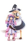  apron blonde_hair book braid buttons closed_eyes crescent dress grin hair_ribbon hat kirisame_marisa multiple_girls no_socks patchouli_knowledge purple_eyes purple_hair ribbon shoes sitting smile standing touhou wait8 witch_hat 