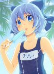  akashiro bare_shoulders blue_eyes blue_hair bow cirno food hair_bow popsicle school_swimsuit short_hair solo swimsuit touhou 