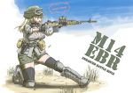  1girl battle_rifle boots breasts casing_ejection cleavage goggles goggles_on_head gun handgun helmet holster m14 military military_uniform mk_14_mod_0_ebr ogitsune_(ankakecya-han) rifle shell_casing sleeves_rolled_up thigh-highs thighhighs uniform weapon zettai_ryouiki 