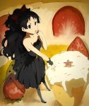  akiyama_mio alternate_costume alternate_hairstyle antennae bad_id black_dress black_eyes black_hair cake dress eating food fruit k-on! listen!! p_(zzaazz) pantyhose solo strawberry wings 