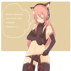  animal_ears black_panties blush elbow_gloves english garters gloves hibiglasses highres lingerie long_hair megurine_luka navel panties pink_hair smile solo thigh-highs thighhighs underwear undressing vocaloid 