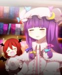  2girls :d bad_id bat_wings blush book closed_eyes crescent happy hat head_wings koakuma multiple_girls no_nose open_mouth patchouli_knowledge plate purple_hair red_hair smile sparkle takemizu touhou voile wings 