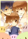  blue_eyes blue_hair brown_eyes brown_hair child clannad crepe dango_daikazoku family food food_on_face furukawa_nagisa husband_and_wife kurot okazaki_tomoya okazaki_ushio sailor_dress school_uniform short_hair wink 