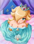  bed blonde_hair blush breasts cleavage crown dress earrings hair_over_one_eye jewelry nintendo rosalina sigurdhosenfeld smile star super_mario_bros. 