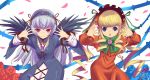  blonde_hair blue_eyes bonnet flower hairband maldives multiple_girls petals red_eyes ribbon rose rozen_maiden shinku silver_hair suigintou 