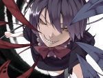  attack black_legwear black_thighhighs bow dress evil_grin evil_smile fangs grin highres houjuu_nue perspective purple_hair red_sclera sharp_teeth shiro_negi short_hair smile solo thigh-highs thighhighs touhou wings yellow_eyes 