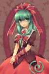  dress frills front_ponytail green_eyes green_hair hair_bow hair_ribbon highres kagiyama_hina long_hair meimone ribbon solo touhou 