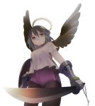  brown_hair choker from_below gauntlets halo pantyhose shield short_hair simple_background solo sword weapon wings yellow_eyes 