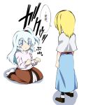  alice_margatroid blonde_hair blue_eyes blue_hair capelet commentary fuantei hairband long_hair multiple_girls pantyhose shinki short_hair side_ponytail simple_background tears touhou translated 