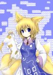  animal_ears blonde_hair blue_eyes blush fox_ears fox_tail hand_on_hip hat hat_removed headwear_removed highres multiple_tails no_hat no_headwear short_hair smile solo tail touhou yakumo_ran 