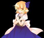  alice_margatroid alice_margatroid_(pc-98) alphes_(style) blonde_hair book bow hair_bow lain24 parody short_hair simple_background solo style_parody suspenders touhou touhou_(pc-98) yellow_eyes 