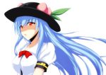  bad_id blue_hair bow dean food fruit hat hinanawi_tenshi long_hair peach red_eyes short_sleeves simple_background solo touhou 