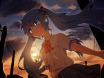  bad_id blue21 blue_eyes blue_hair bow bowtie cloud clouds earbuds earphones empty_eyes from_below hair_bow hatsune_miku long_hair power_lines skirt sky smile solo sunset twintails vocaloid 
