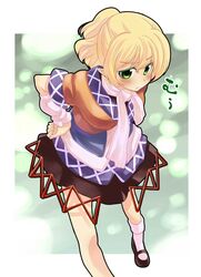  :t blonde_hair error hand_on_hip highres jpeg_artifacts mary_janes mizuhashi_parsee pointy_ears sakino_shingetsu scarf shoes short_hair solo touhou 