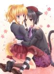  beret black_hair blonde_hair cat_ears grey_eyes hat kanon_(umineko) maekawa_suu skirt socks tail umineko_no_naku_koro_ni ushiromiya_jessica 