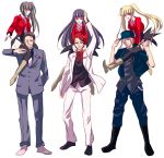  asmodeus belphegor boots formal hat leotard lucifer ponytail red_eyes red_shirt seven_sisters_of_purgatory short_twintails stakes_of_purgatory suit thighhighs twintails umineko_no_naku_koro_ni ushiromiya_battler ushiromiya_rudolf vest 