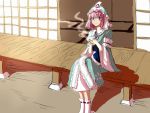  bad_id hat highres maki_(huran) pink_eyes pink_hair saigyouji_yuyuko sitting smile solo steam tea touhou veranda 