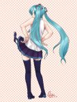  aqua_eyes aqua_hair boots chaki_(imachakin) checkered checkered_background from_behind hands_on_hips hatsune_miku long_hair looking_back skirt solo thigh-highs thigh_boots thighhighs twintails very_long_hair vocaloid 