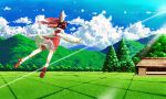  bad_id bare_shoulders bloomers bow brown_hair closed_eyes detached_sleeves field flying hair_bow hakurei_reimu hill matsutani nature scenery short_hair sky solo touhou upskirt 