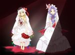  bare_shoulders barefoot bat_wings blonde_hair blood bouquet bridal_veil bride dress flandre_scarlet flower kinakira multiple_girls ponytail purple_hair red_eyes remilia_scarlet short_hair siblings side_ponytail sisters touhou veil wedding_dress wings 