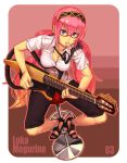  blue_eyes breasts cleavage glasses guitar headphones instrument long_hair megurine_luka mouth_hold necktie pink_hair plectrum sandals twintails vocaloid yakult 