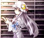  1girl book bow hair_bow hair_ribbon hat kazetto library long_hair patchouli_knowledge purple_eyes purple_hair ribbon solo touhou violet_eyes voile 